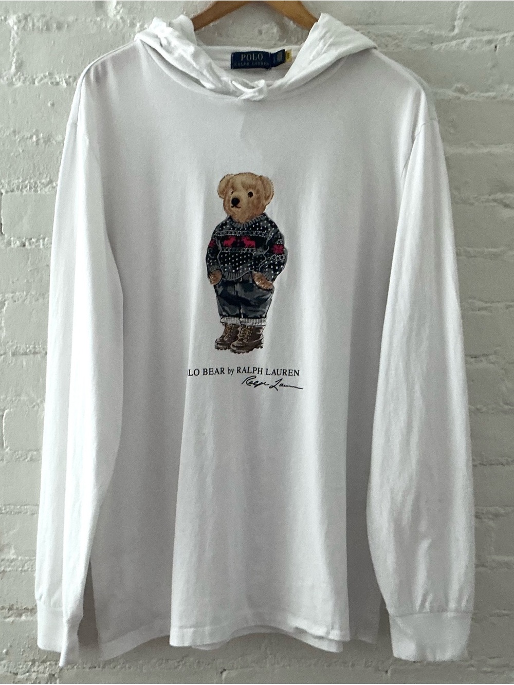 Polo Ralph Lauren Mens Fair Isle Polar Bear Long Sleeve Hoodie Tee Shirt Size L